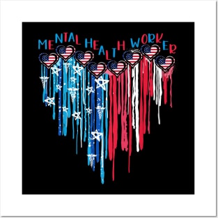 Mental Health Worker American Flag Heart 4th Of July Posters and Art